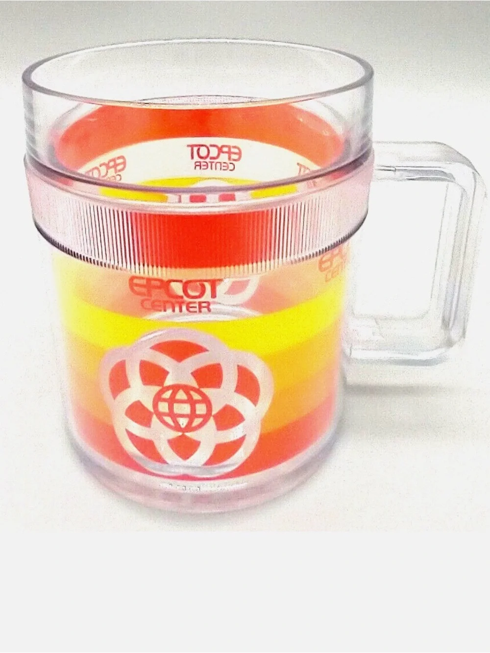 Disney Epcot Center Clear Acrylic Mug with Orange and Yellow Stripes